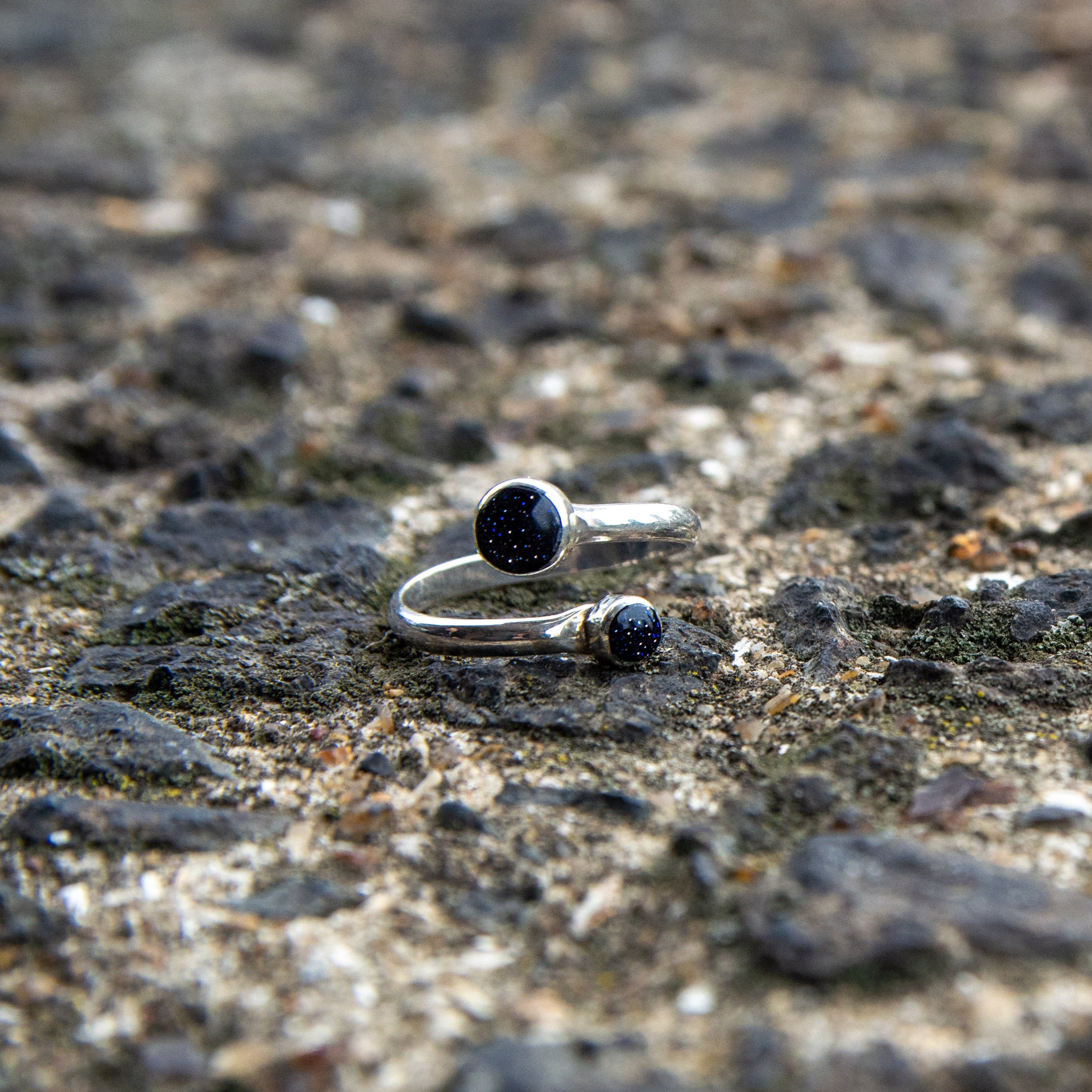 Blue Sandstone and silver 950 adjustable ring two stones