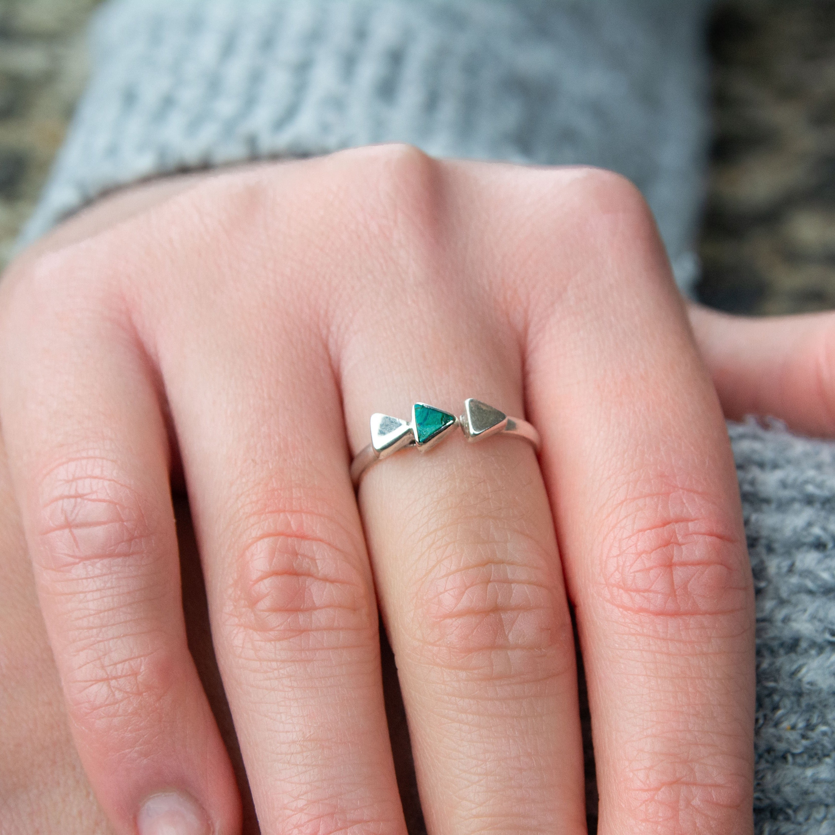 Three triangles Chrysocholla and silver 950 adjustable ring