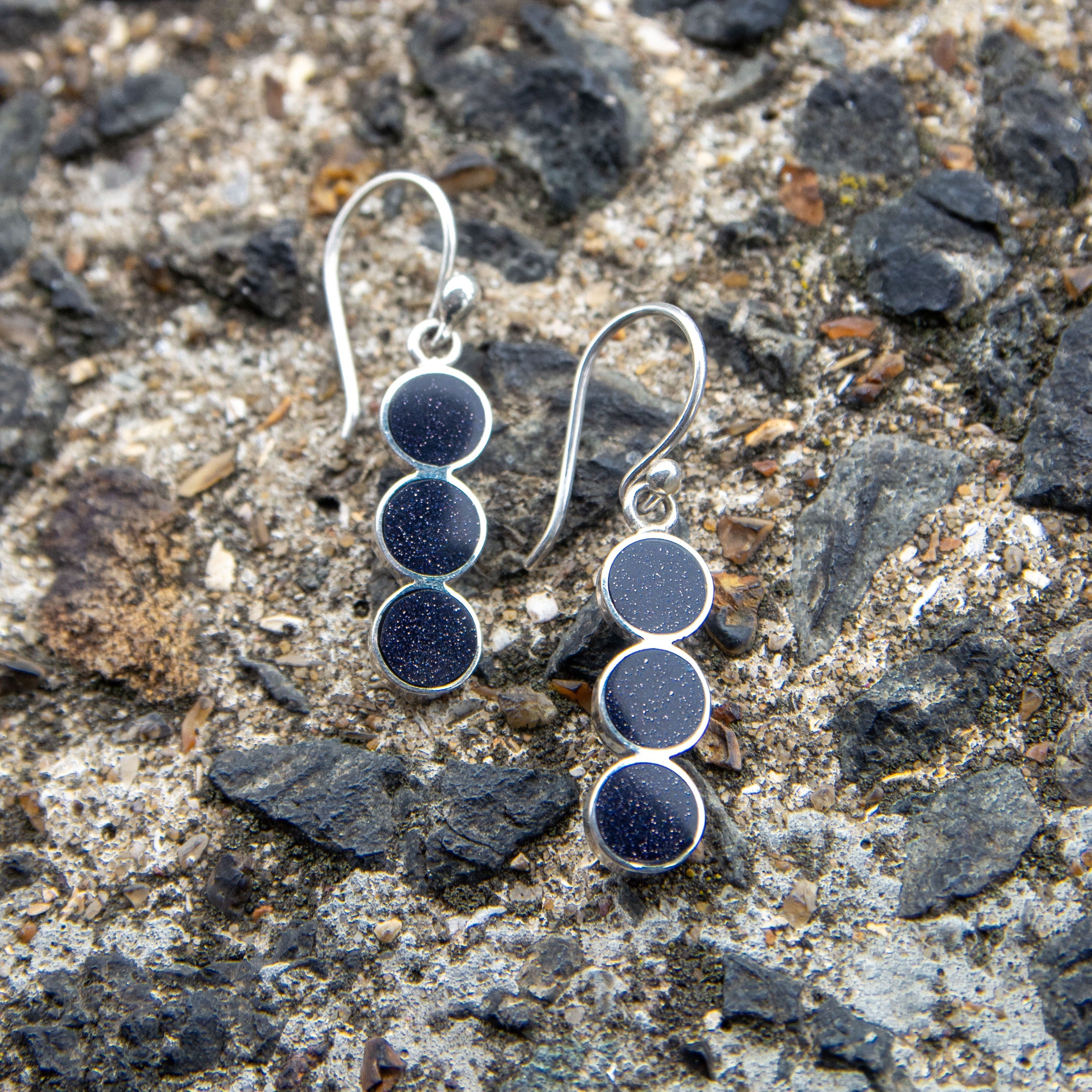 Three circles blue sandstone and silver 950 earrings