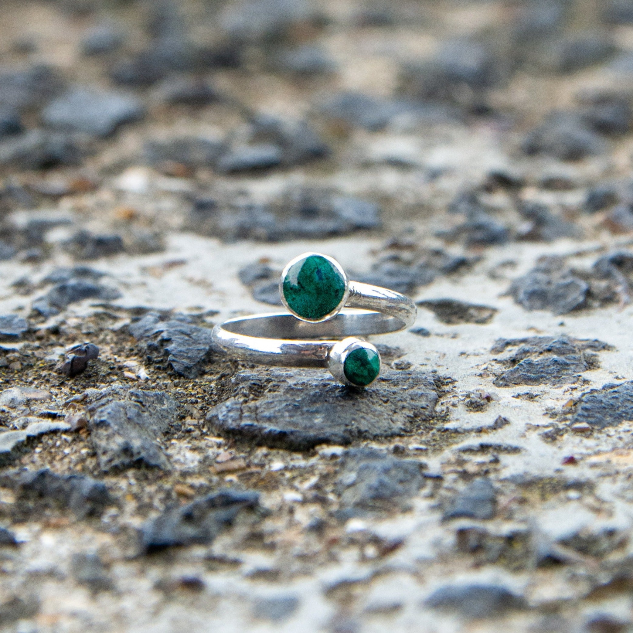 Chrysocolla and silver 950 adjustable ring two stones