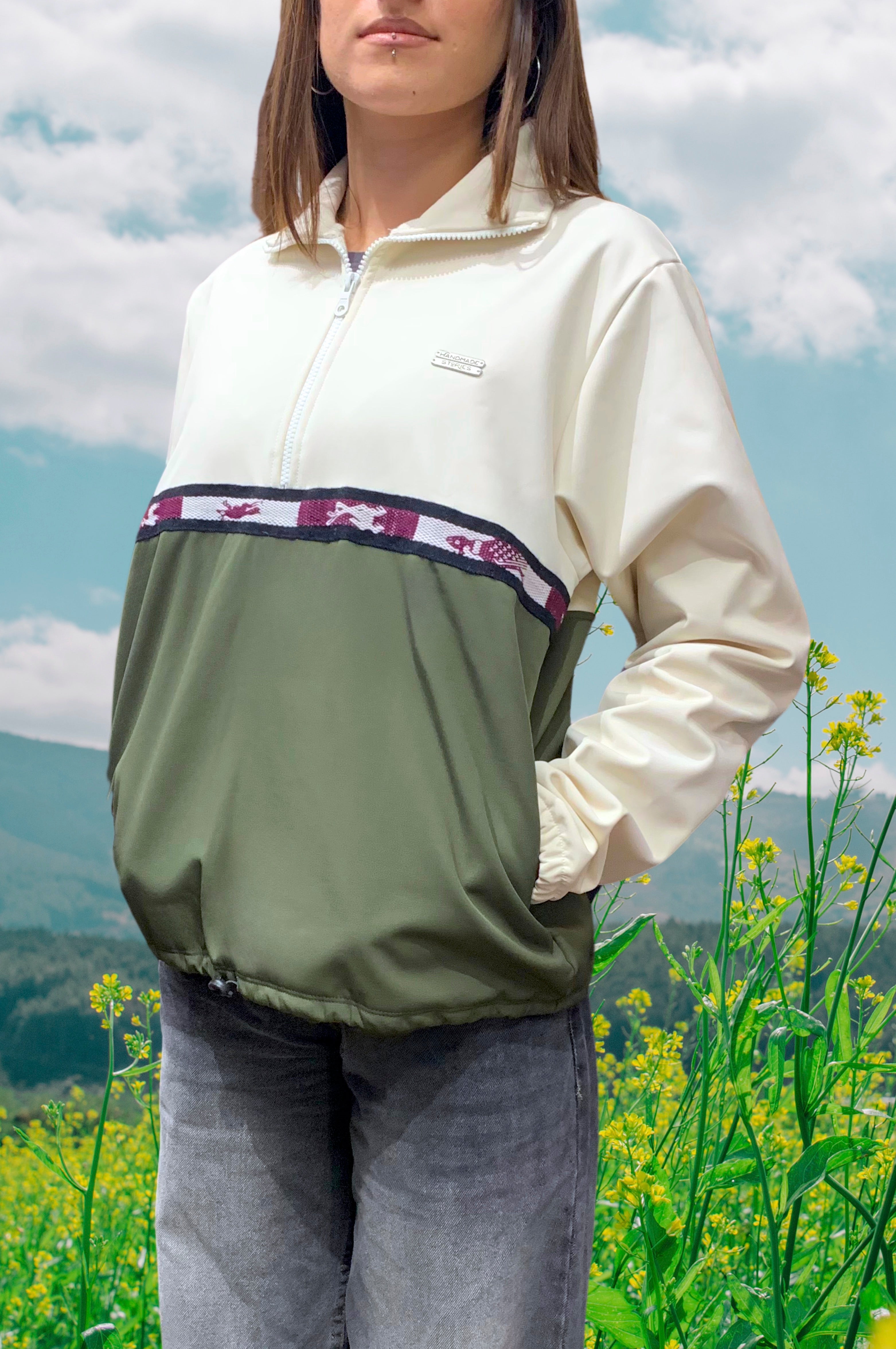 Unisex green and cream 1/4 zip waterproof fleece pullover