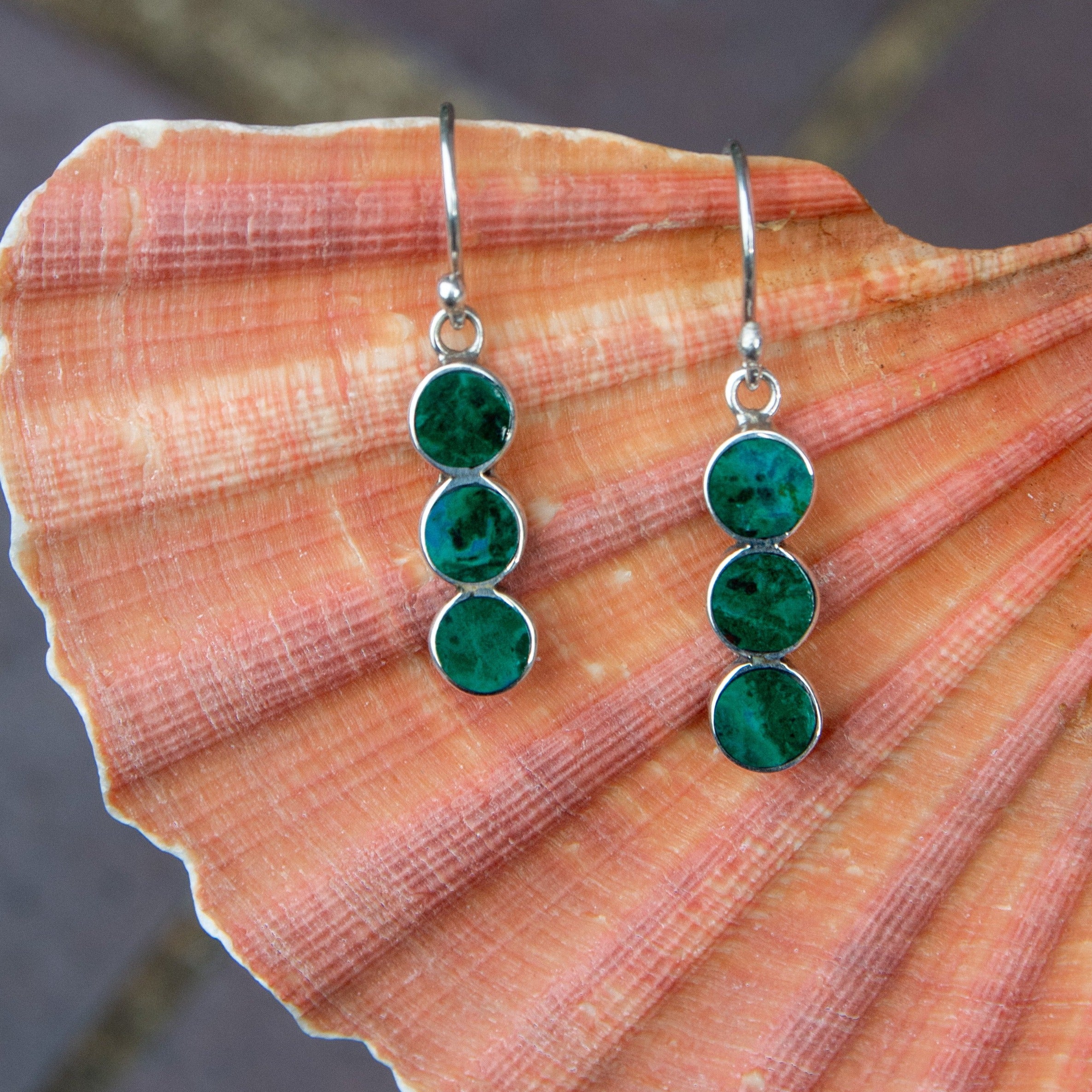 Three circles chrysocolla and silver 950 earrings