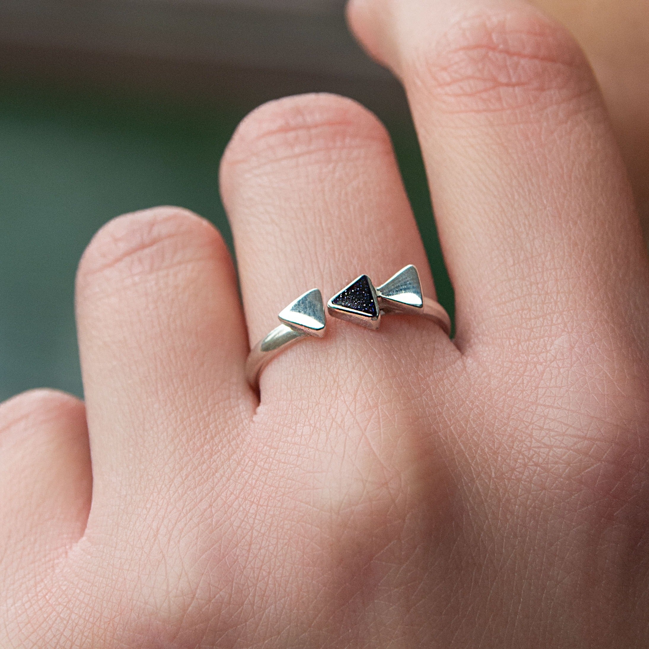 Three triangles blue sandstone and silver 950 adjustable ring