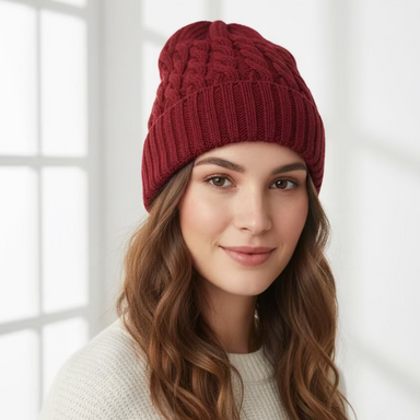 A woman wearing a chunky cable-knit beanie hat in a deep burgundy red, photographed in a bright, softly lit indoor setting.