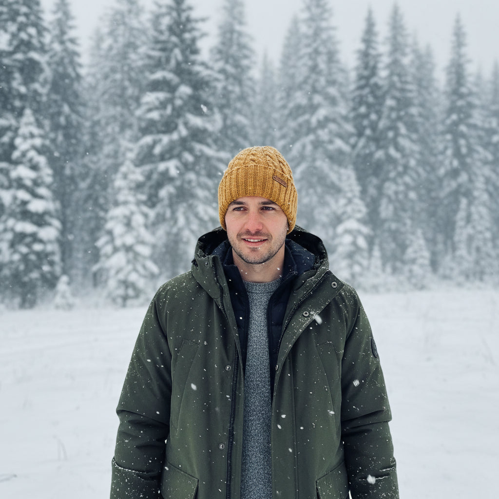 man in snow wearing mustard beanie