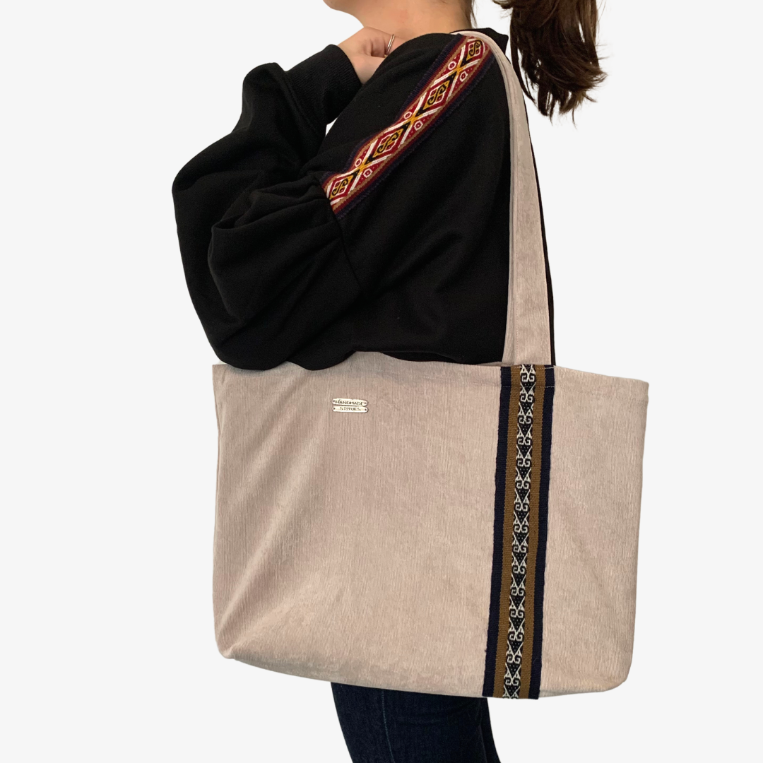 Beige zero waste tote bag with Andean motifs
