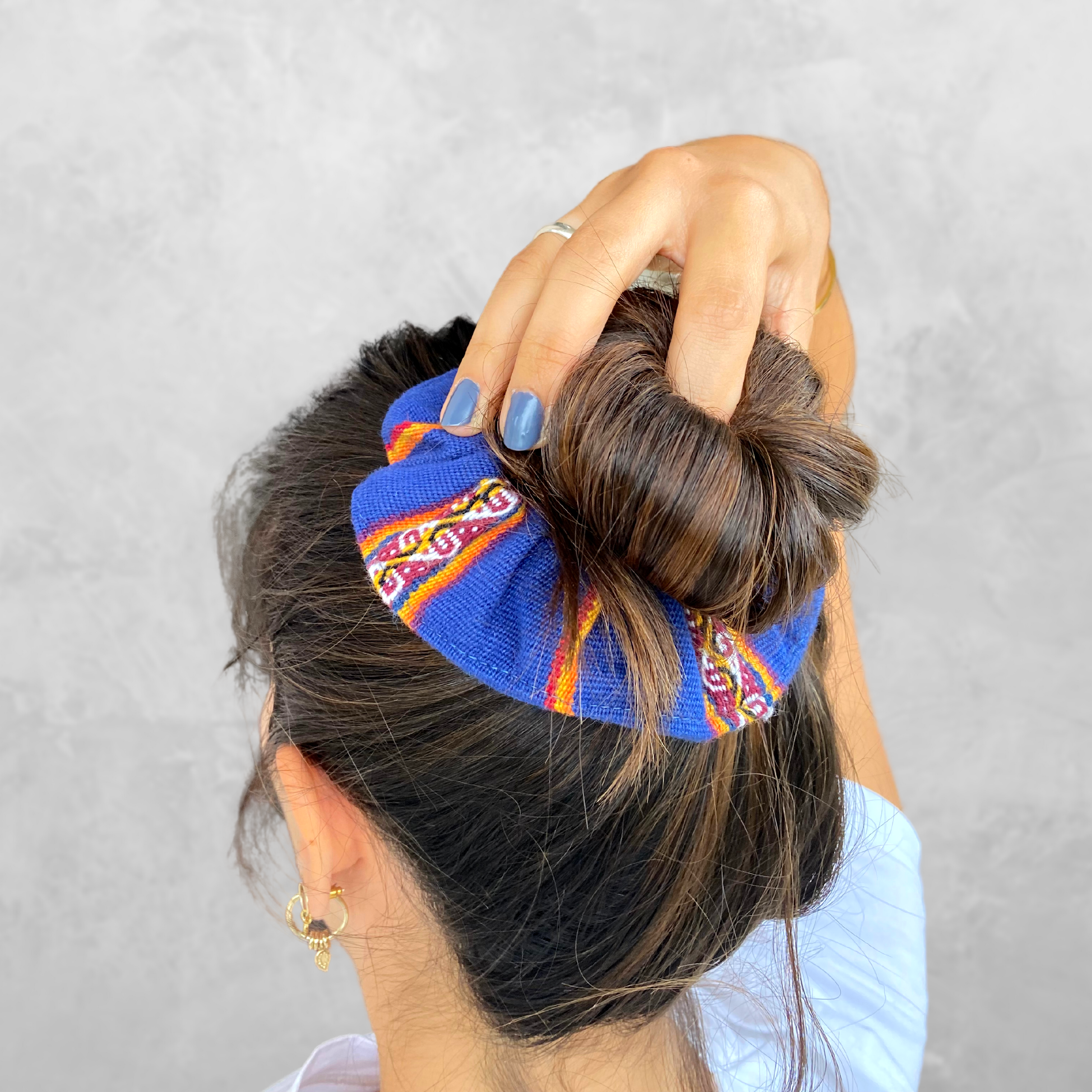 Oversized blue Peruvian scrunchie