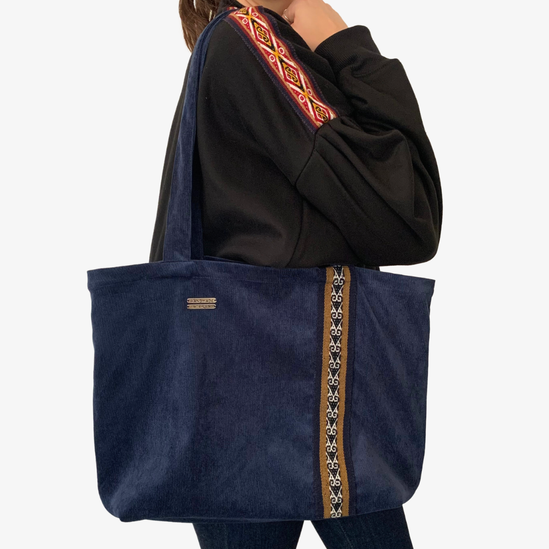 Blue zero waste tote bag with Andean motifs