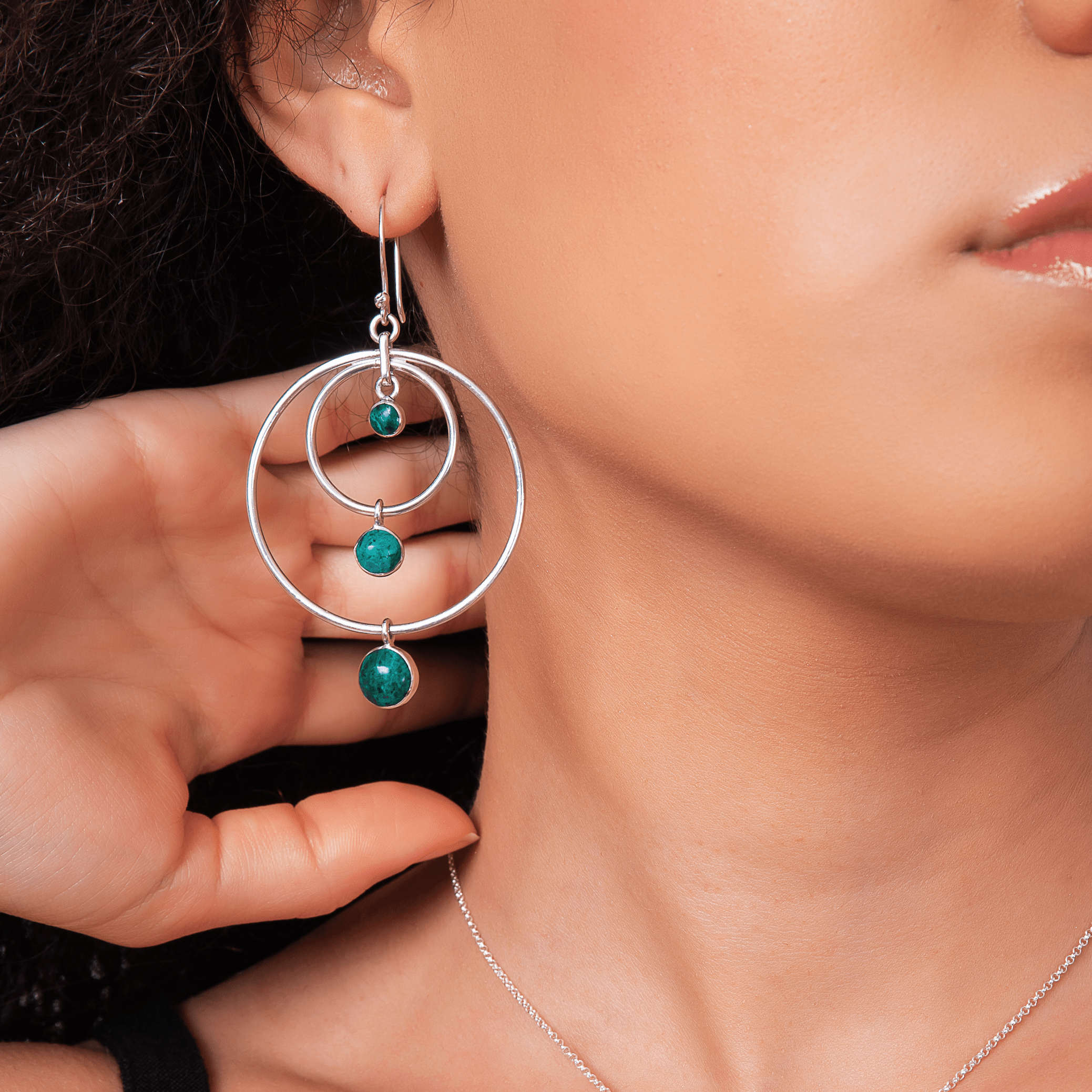 Chrysocolla and silver 950 triple stone earrings