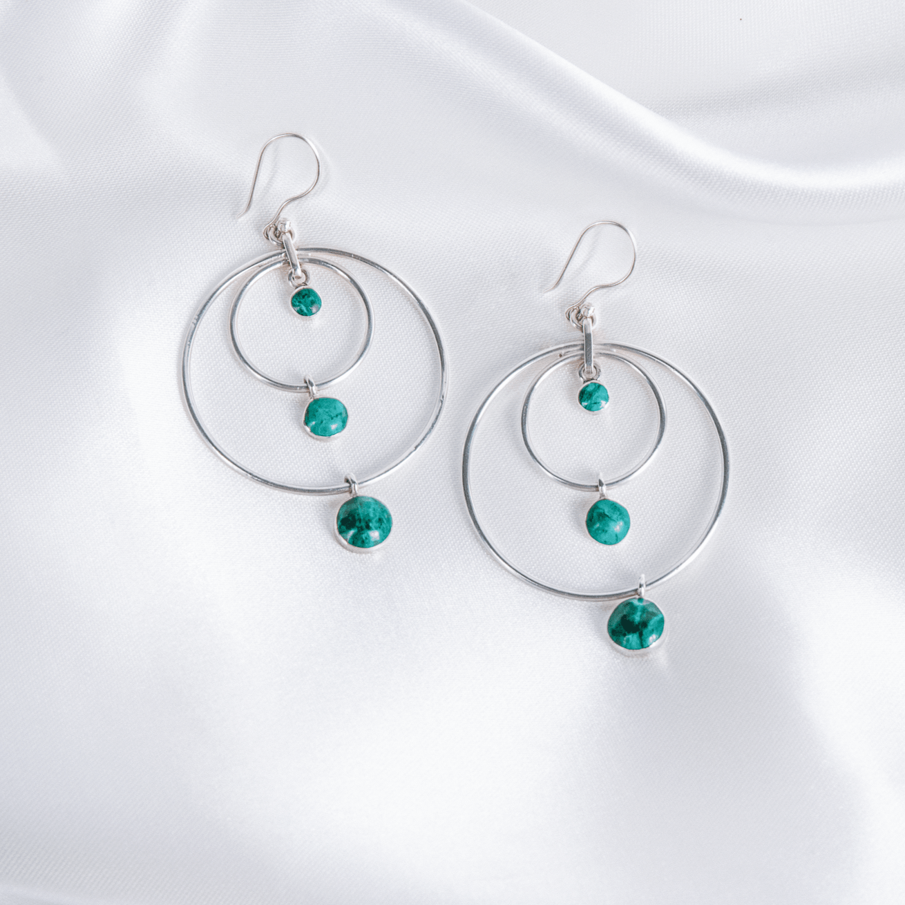 Chrysocolla and silver 950 triple stone earrings